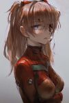  1girl absurdres bandage_over_one_eye bangs blood blood_on_face blue_eyes bodysuit breasts brown_hair commentary_request eyebrows_visible_through_hair highres injury interface_headset long_hair looking_at_viewer medium_breasts neon_genesis_evangelion plugsuit red_bodysuit solo souryuu_asuka_langley tentsuu_(tentwo) upper_body 