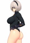  1girl adjusting_clothes ass black_blindfold black_bodysuit black_gloves black_leotard blindfold bodysuit breasts closed_mouth gloves highres large_breasts leotard mole mole_under_mouth nier_(series) nier_automata ryu_seung solo thighs white_hair yorha_no._2_type_b 