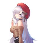  1girl absurdres azur_lane belfast_(azur_lane) belfast_(shopping_with_the_head_maid)_(azur_lane) beret black_skirt dress earrings eyebrows_visible_through_hair food hair_between_eyes hair_ribbon hand_up hat highres hoop_earrings jewelry long_hair looking_at_viewer lordol pocky profile ribbon silver_hair skirt smile solo sweater sweater_dress violet_eyes white_background 