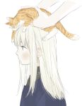 1girl animal animal_on_head bangs blonde_hair blush cat cat_on_head child dungeon_meshi falin_thorden from_side frs2 highres holding holding_animal long_hair on_head out_of_frame profile sidelocks solo_focus yellow_eyes younger 