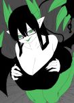  1girl bare_shoulders black-framed_eyewear black_hair black_shirt black_tail black_wings breasts demon_horns demon_tail demon_wings glasses green_eyes green_horns green_pants green_tongue grey_background hands_on_own_chest highres horns huge_breasts juugoya_(zyugoya) kneeling long_hair looking_at_viewer merii_(musuko_ga_kawaikute_shikatanai_mazoku_no_hahaoya) musuko_ga_kawaikute_shikatanai_mazoku_no_hahaoya pants shirt tail tongue tongue_out white_skin wings 