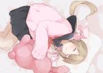 1girl aromajiro_(armadillo_0212) bangs black_skirt blush bunny_hair_ornament closed_eyes hair_ornament highres light_brown_hair long_hair low_twintails lying natori_sana on_bed on_pillow on_side open_mouth pillow pink_cardigan pleated_skirt sana_channel school_uniform skirt sleeping sleeves_past_fingers sleeves_past_wrists solo stuffed_animal stuffed_bunny stuffed_toy twintails virtual_youtuber 