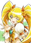  1girl ;d bangs blonde_hair bow choker collarbone crop_top cure_sunshine eyebrows_visible_through_hair floating_hair flower hair_between_eyes hair_bow hair_flower hair_ornament heart heartcatch_precure! long_hair looking_at_viewer midriff one_eye_closed open_mouth orange_bow outstretched_hand precure shiny shiny_hair sketch smile solo tsukikage_oyama twintails upper_body very_long_hair white_background yellow_eyes yellow_flower 