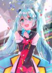  1girl ahoge aqua_bow aqua_skirt bare_shoulders black_collar black_sleeves blurry blurry_background blush bow bowtie collar commentary confetti crying crying_with_eyes_open detached_sleeves furrowed_eyebrows hair_ornament hatsune_miku headphones highres hoop_skirt long_hair looking_at_viewer magical_mirai_(vocaloid) open_mouth pink_bow projected_inset sailor_collar shigushigu1515 shirt skirt sleeveless sleeveless_shirt smile solo tears twintails upper_body very_long_hair vocaloid white_shirt 