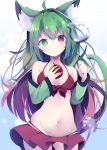  1girl ahoge animal_ear_fluff animal_ears apple bare_shoulders bikini bikini_skirt blurry blurry_foreground blush breasts cat_ears cat_girl cat_tail closed_mouth cowboy_shot depth_of_field food front-tie_bikini front-tie_top fruit gradient_hair green_apple green_eyes green_hair green_sleeves groin hands_up heterochromia holding holding_food kyuukon_(qkonsan) long_hair long_sleeves medium_breasts multicolored_hair navel original red_apple red_bikini red_eyes redhead single_hair_intake solo swimsuit tail tail_raised very_long_hair water_drop 