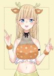  1girl :d absurdres animal_ears armband blonde_hair blue_eyes blush deer_antlers deer_ears fake_animal_ears highres long_neck looking_at_viewer maple_(maplesiroop) mei_(oshibudo) midriff navel open_mouth oshi_ga_budoukan_itte_kuretara_shinu pink_nails simple_background smile solo wristband 