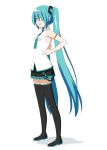  1girl aqua_eyes aqua_hair aqua_neckwear armpits bangs bare_shoulders black_legwear black_skirt boots clenched_hand commentary from_side full_body hair_between_eyes hair_ornament hair_over_eyes hand_on_hip hatsune_miku long_hair looking_at_viewer miniskirt necktie open_mouth peko pleated_skirt shadow shirt shoulder_tattoo skirt sleeveless sleeveless_shirt smile solo tattoo thigh-highs thigh_boots twintails very_long_hair vocaloid vocaloid_(lat-type_ver) white_background white_shirt zettai_ryouiki 