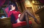  absurdres black_legwear black_skirt blue_eyes blush brown_hair eyebrows eyebrows_visible_through_hair fate/stay_night fate_(series) gem hair_ribbon highres huge_filesize looking_at_viewer red_shirt ribbon shirt sitting skirt smile sramy thigh-highs toosaka_rin twintails 