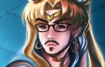  1boy bangs beard bishoujo_senshi_sailor_moon blonde_hair blue_sailor_collar brown_eyes choker collarbone commentary_request crescent crescent_earrings earrings eyebrows_visible_through_hair facial_hair german_commentary glasses goatee hair_over_shoulder heart heart_choker highres jewelry long_hair meme parted_bangs red_choker sailor_collar sailor_moon sailor_moon_redraw_challenge sailor_senshi_uniform solo stephdoodle twintails upper_body what 