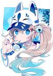 +_+ 1girl animal_ears animal_hat bandaid bangs baseball_cap bell blue_eyes blue_hair blue_nails brown_hair chon_(chon33v) collarbone commentary_request egasumi fake_animal_ears fox_ears fox_hat gradient_hair hair_bell hair_between_eyes hair_ornament hand_up hat high_collar highres jingle_bell long_hair looking_at_viewer mouth_hold multicolored_hair nail_polish original portrait side_ponytail signature solo very_long_hair white_background white_headwear wind_chime 