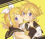  1boy 1girl arm_warmers bangs bare_shoulders black_collar black_sleeves blonde_hair blue_eyes bow cheek-to-cheek collar commentary crop_top detached_sleeves hair_bow hair_ornament hairclip headphones hotaru. hug kagamine_len kagamine_rin looking_at_viewer neckerchief necktie one_eye_closed pouty_lips sailor_collar school_uniform shirt short_hair short_ponytail short_sleeves sleeveless sleeveless_shirt smile spiky_hair swept_bangs upper_body v vocaloid white_bow white_shirt yellow_background yellow_neckwear 