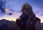  1boy bartholomew_fatima black_headband blonde_hair braid crescent_moon eyepatch facing_viewer hair_over_one_eye headband long_hair moon mountainous_horizon night night_sky outdoors sky smile upper_body very_long_hair xenogears 