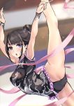  1girl absurdres bangs black_hair blush cuffs eyebrows_visible_through_hair eyelashes fake_nails frills gymnast_leotard gymnastics hair_bun hair_up highres himekawa_(shashaki) leotard mole open_mouth original rhythmic_gymnastics ribbon scrunchie shashaki solo tagme violet_eyes 