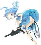  1girl absurdres ads_(girls_frontline) ads_assault_rifle ass barefoot blue_dress blue_eyes blue_flower blue_hair blush closed_mouth commentary dress facial_mark floating_hair flower forehead forehead_mark full_body girls_frontline gloves gun highres holding holding_gun holding_weapon long_hair looking_at_viewer no_shoes object_namesake panties ponytail puffy_short_sleeves puffy_sleeves see-through short_sleeves simple_background single_thighhigh soles solo thigh-highs tsukiyo_(skymint) underwear weapon white_background white_gloves white_legwear white_panties 