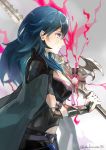 1girl blue_eyes blue_hair byleth_(fire_emblem) byleth_eisner_(female) closed_mouth dagger fire_emblem fire_emblem:_three_houses from_side gimkamres04 highres holding holding_sword holding_weapon sheath sheathed simple_background solo sword sword_of_the_creator twitter_username upper_body weapon 