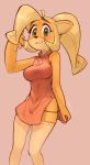  1girl absurdres ahoge alternate_costume animal_ears arm_up bare_shoulders black_panties blonde_hair blush breasts china_dress chinese_clothes coco_bandicoot crash_bandicoot dress dress_tug embarrassed english_commentary furry green_eyes happy highres huge_ahoge large_breasts long_hair looking_at_viewer motion_lines no_humans panties pink_background ponytail red_dress shiny shiny_clothes shiny_hair side_slit simple_background skindentation sleeveless sleeveless_dress smile solo standing string_panties teeth thigh-highs tied_hair underwear wamudraws white_legwear 