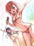  1girl 2girls bikini black_hair blue_bikini breasts brown_eyes brown_hair closed_eyes commentary_request cowboy_shot flower front-tie_top hair_flower hair_ornament long_hair looking_at_viewer microphone misaka_mikoto multiple_girls orange_bikini puma_(hyuma1219) saten_ruiko short_hair side-tie_bikini small_breasts solo sparkle swimsuit to_aru_kagaku_no_railgun to_aru_majutsu_no_index 