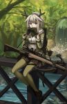  1girl absurdres antlers arknights arrow_(projectile) black_footwear black_gloves black_skirt bow_(weapon) breasts bridge commentary_request covered_mouth crossbow day firewatch_(arknights) forest full_body gloves green_jacket green_legwear grey_hair hands_up highres holding jacket long_sleeves nature ndtwofives on_railing open_clothes open_jacket outdoors pantyhose pleated_skirt ponytail reindeer_antlers revision river shirt shoes sitting sitting_on_railing skirt small_breasts sniper_scope solo twitter_username water waterfall weapon white_shirt 
