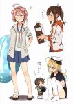  4girls ahoge alternate_costume annin_musou bangs black_shirt blue_skirt blush bug butterfly closed_mouth eyebrows_visible_through_hair fairy_(kantai_collection) glasses hair_ornament hair_ribbon hand_on_hip hat highres holding i-401_(kantai_collection) i-58_(kantai_collection) i-8_(kantai_collection) innertube insect jacket kantai_collection long_hair milk_carton multiple_girls open_mouth pleated_skirt ponytail red-framed_eyewear ribbon sailor_collar sandals shadow shirt short_hair simple_background skirt smile squatting standing thigh-highs white_background white_headwear white_legwear 