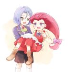  1boy 1girl :d ascot black_shorts blazer blue_eyes blue_hair blue_jacket blue_ribbon blush bow brown_footwear carrying commentary_request dress eye_contact feet_out_of_frame green_eyes hair_bow jacket kojirou_(pokemon) long_hair looking_at_another mei_(maysroom) musashi_(pokemon) open_mouth pink_bow pokemon pokemon_(anime) princess_carry red_dress redhead ribbon shorts simple_background smile socks standing white_background white_legwear younger 
