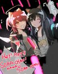  2girls animal_ears arknights black_hair cameo energy_wings english_text exusiai_(arknights) eyebrows_visible_through_hair fake_animal_ears female_doctor_(arknights) glowstick halo highres multiple_girls one_eye_closed redhead shirt sora_(arknights) speech_bubble t-shirt tianye_toshi wolf_ears 