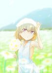  1girl :o blue_sky blurry blurry_background blurry_foreground bouquet casual commentary daisy day depth_of_field dress eyebrows_visible_through_hair field flower flower_field flower_wreath girls_und_panzer head_tilt holding holding_bouquet katyusha_(girls_und_panzer) looking_at_viewer mimic_(ryon733) mountain outdoors parted_lips sky sleeveless sleeveless_dress solo standing sundress white_dress 