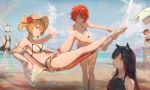  5girls animal_ear_fluff animal_ears arknights barefoot beach bikini bikini_top black_coat blue_hair coat croissant_(arknights) day drink exusiai_(arknights) eyyy feet food grey_eyes hair_over_one_eye hammock hat highres lappland_(arknights) long_hair lying multiple_girls ocean one_eye_closed outdoors pocky red_eyes sand short_hair sora_(arknights) swimsuit texas_(arknights) tropical_drink white_bikini wolf_ears 