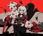  4girls anger_vein animal_ears annoyed black_pants cerberus_(helltaker) couch demon_boy demon_girl demon_tail dog_ears faesu food food_in_mouth helltaker highres horns long_hair malina_(helltaker) multiple_girls pants playing_games red_background red_eyes red_shirt shirt short_hair siblings sisters sitting tail vest white_hair 