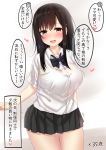  1girl :d black_hair blush bralines breasts brown_eyes highres large_breasts long_hair miniskirt open_mouth original pikacchi pleated_skirt school_uniform see-through simple_background skirt smile solo translated 