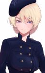  1girl bag beret blonde_hair blue_dress blue_eyes buttons darjeeling_(girls_und_panzer) double-breasted dress eyebrows_visible_through_hair girls_frontline hair_strand hat highres looking_at_viewer mityubi parted_lips shadow simple_background solo white_background 