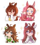  4girls agnes_tachyon_(umamusume) ahoge animal_ears bare_shoulders blue_eyes blush bow braid breasts brown_hair clenched_hands coat commentary_request detached_sleeves dress ear_ornament earrings green_eyes hair_between_eyes hair_intakes hair_ornament hairband hairclip hat highres horse_ears horse_girl horse_tail jacket jewelry kawakami_princess_(umamusume) lab_coat long_hair long_sleeves looking_at_viewer mihono_bourbon_(umamusume) mini_hat mini_top_hat mr._c.b._(umamusume) multiple_girls necktie open_clothes open_coat open_mouth red_eyes rio_(rio_067) shirt short_hair silver_hairband single_earring skirt sleeves_past_fingers sleeves_past_wrists smile tail top_hat umamusume white_coat white_headwear wide_sleeves 