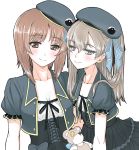  2girls alternate_costume bangs beret black_dress black_headwear black_jacket blue_ribbon boko_(girls_und_panzer) brown_eyes brown_hair closed_mouth commentary dress emblem eyebrows_visible_through_hair frilled_dress frilled_sleeves frills girls_und_panzer hair_ribbon half-closed_eyes hat holding holding_stuffed_animal jacket japanese_tankery_league_(emblem) layered_dress light_brown_eyes light_brown_hair long_hair looking_at_viewer multiple_girls nishizumi_miho one_side_up petag2 ribbon shimada_arisu short_hair short_sleeves side-by-side simple_background smile stuffed_animal stuffed_toy teddy_bear tilted_headwear underbust white_background 
