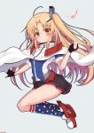  1girl ahoge american_flag_legwear azur_lane bangs black_gloves black_skirt blonde_hair blush capelet cleveland_(azur_lane) eyebrows_visible_through_hair fingerless_gloves full_body gloves grey_background hair_ornament highres kneehighs long_hair musical_note one_side_up pleated_skirt red_eyes sazamiso_rx short_sleeves simple_background skirt smile solo white_capelet 