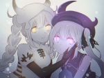  2girls abyssal_nimbus_hime bangs braid claws closed_mouth destroyer_hime dress glowing glowing_eyes grey_background hair_ribbon hand_on_another&#039;s_cheek hand_on_another&#039;s_face hat kantai_collection long_hair multiple_girls one_side_up pale_skin puffy_short_sleeves puffy_sleeves purple_headwear ren_kun ribbon sailor_collar school_uniform serafuku shinkaisei-kan short_sleeves sidelocks simple_background sleeveless twin_braids violet_eyes white_dress white_hair white_headwear white_skin yellow_eyes 