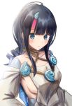  1girl absurdres artist_request bangs bare_shoulders black_hair blue_eyes blue_ribbon blush breasts closed_mouth collarbone dress fate/grand_order fate/requiem fate_(series) highres jewelry large_breasts long_sleeves looking_at_viewer magatama magatama_hair_ornament medium_hair multicolored_hair necklace pelvic_curtain pink_hair puffy_long_sleeves puffy_sleeves ribbon short_dress sideboob sideless_outfit streaked_hair utsumi_erise white_dress 