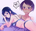 !? 2girls adjusting_hair bed_sheet blue_bra blue_eyes blue_panties blush bra breasts collarbone dokidoki!_precure grey_ribbon hair_ribbon hishikawa_rikka kenzaki_makoto lying multiple_girls negom on_stomach open_mouth panties precure purple_bra ribbon shiny shiny_skin shoulder_blades sideboob simple_background small_breasts sweatdrop underwear underwear_only violet_eyes white_background yuri