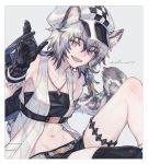  1girl :d animal_ears arknights armpit_peek bandeau belt black_gloves black_hair black_legwear black_shorts breasts cabbie_hat checkered cliffheart_(arknights) commentary elmar eyebrows_visible_through_hair fang gloves grey_background grey_eyes hair_between_eyes hat jacket jewelry leopard_ears leopard_tail looking_at_viewer midriff multicolored_hair navel necklace open_mouth pendant short_hair short_shorts shorts silver_hair simple_background single_earring single_thighhigh sitting sleeveless sleeveless_jacket small_breasts smile solo spotted_fur strapless tail tassel_earrings thigh-highs thigh_strap thighs tubetop twitter_username two-tone_hair waving white_headwear white_jacket 