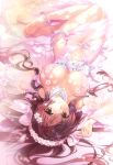  1girl absurdres bangs barefoot blush bra breasts brown_eyes brown_hair carnelian eyebrows_visible_through_hair fingernails flower flower_wreath full_body hair_between_eyes hair_flower hair_ornament highres kantai_collection large_breasts legs_together long_hair looking_at_viewer lying navel on_back parted_lips pink_bra ribbon ribbon_trim scan shiny shiny_hair shiny_skin smile soles solo stomach toes underwear wide_sleeves yamato_(kantai_collection) 