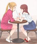  1girl blue_skirt blush chair cup drinking_straw eripiyo eye_contact hand_on_another&#039;s_arm ichii_maina indoors jacket leaning_forward long_hair looking_at_another oshi_ga_budoukan_itte_kuretara_shinu ponytail profile red_jacket s_c_k sandals shirt shorts sidelocks sitting skirt table track_suit two_side_up white_footwear white_shirt wooden_floor 