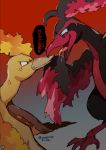  anger_vein angry beak blue_eyes eye_contact fiery_hair fiery_wings galarian_and_normal galarian_form galarian_moltres gen_1_pokemon gen_8_pokemon highres legendary_pokemon looking_at_another moltres open_mouth pokemon pokemon_(creature) smug speech_bubble sushi1515 talons tongue tongue_out wings 