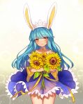  1girl animal_ears bangs bare_shoulders blue_dress blue_hair blunt_bangs blush brown_eyes closed_mouth collarbone crossed_arms dress eyebrows_visible_through_hair fake_animal_ears flower hairband highres holding holding_flower long_hair looking_at_viewer oma-chi original rabbit_ears ribbon smile solo sunflower yellow_ribbon 
