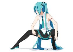  1girl aqua_hair aqua_nails aqua_neckwear bare_shoulders black_legwear black_skirt boots commentary expressionless from_side full_body hair_ornament hair_over_eyes hair_over_one_eye hatsune_miku long_hair miniskirt nail_polish necktie outstretched_leg peko pleated_skirt shadow shirt shoulder_tattoo skirt sleeveless sleeveless_shirt solo squatting tattoo thigh-highs thigh_boots twintails very_long_hair vocaloid vocaloid_(lat-type_ver) white_background white_shirt 