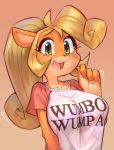  1girl ahoge animal_ears blonde_hair blush breasts clenched_hand clothes_writing coco_bandicoot collarbone crash_bandicoot embarrassed english_commentary english_text furry gradient gradient_background green_eyes hand_up happy huge_ahoge huge_breasts jpeg_artifacts large_breasts long_hair looking_at_viewer no_humans open_mouth orange_background ponytail raglan_sleeves red_sleeves shirt short_sleeves sidelocks simple_background smile solo teeth tied_hair upper_body wamudraws white_shirt 