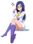  1girl acchi_(koiyimknp) adjusting_eyewear blue_hair blush braid closed_mouth collared_shirt crossed_legs crown_braid dokidoki!_precure full_body glasses green_panties hand_on_own_knee highres hishikawa_rikka kneehighs long_hair long_sleeves looking_at_viewer miniskirt panties pantyshot precure purple_legwear purple_sailor_collar red-framed_eyewear sailor_collar sailor_shirt school_uniform shiny shiny_hair shiny_skin shirt simple_background sitting skirt smile solo underwear very_long_hair white_background white_shirt white_skirt yellow_neckwear 