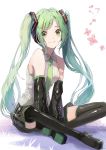  1girl :3 bare_shoulders between_legs black_legwear black_skirt black_sleeves boots commentary crossed_legs detached_sleeves flower green_eyes green_hair green_neckwear grey_shirt hair_ornament hand_between_legs hatsune_miku headphones highres light_blush long_hair looking_at_viewer necktie shi-ro shiny shiny_clothes shirt shoulder_tattoo sitting skirt sleeveless sleeveless_shirt smile solo tattoo thigh-highs thigh_boots twintails very_long_hair vocaloid white_background zettai_ryouiki 