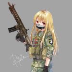  1girl arm_at_side artist_name black_gloves blonde_hair camouflage gloves grey_background gun holding holding_gun holding_weapon long_hair looking_at_viewer mask original pants pouch red_eyes ryuka signature simple_background solo standing weapon 