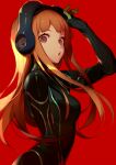  1girl ask_(askzy) bangs bodysuit brown_eyes brown_hair commentary_request eyebrows_visible_through_hair from_side gloves goggles green_gloves hand_up long_hair looking_at_viewer persona persona_5 red_background sakura_futaba simple_background solo upper_body 