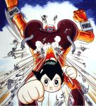  1950s_(style) 1960s_(style) 1boy android atom_(tetsuwan_atom) battle black_eyes black_hair cable child circuits clenched_hand clouds cover cover_page debris destruction duel eyelashes flying good_end highres hose ink_(medium) looking_at_viewer machinery manga_cover mecha motion_lines official_style oldschool perspective pointy_hair robot scan science_fiction serious shiny smoke tetsuwan_atom tezuka_osamu thrusters traditional_media victory wreckage 