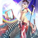  1girl artist_request asymmetrical_hair black_gloves blue_eyes boots breasts car checkered checkered_flag earrings eyebrows_visible_through_hair eyes_visible_through_hair fate/grand_order fate_(series) flag gloves ground_vehicle hair_ornament highleg highres holding holding_umbrella jewelry lamborghini lamborghini_countach large_breasts midriff miyamoto_musashi_(fate/grand_order) motor_vehicle open_mouth pink_hair ponytail racequeen rainbow red_footwear red_legwear revision solo sweat thigh-highs thigh_boots umbrella under_boob 