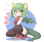  1girl :d black_legwear ceroblitz china_dress chinese_clothes draco_centauros dragon_girl dragon_horns dragon_tail dragon_wings dress footwear_request green_eyes green_tail green_wings hair_between_eyes heart highres horns looking_at_viewer medium_hair open_mouth pointy_ears puyopuyo red_dress simple_background smile solo tail thigh-highs white_background wings 